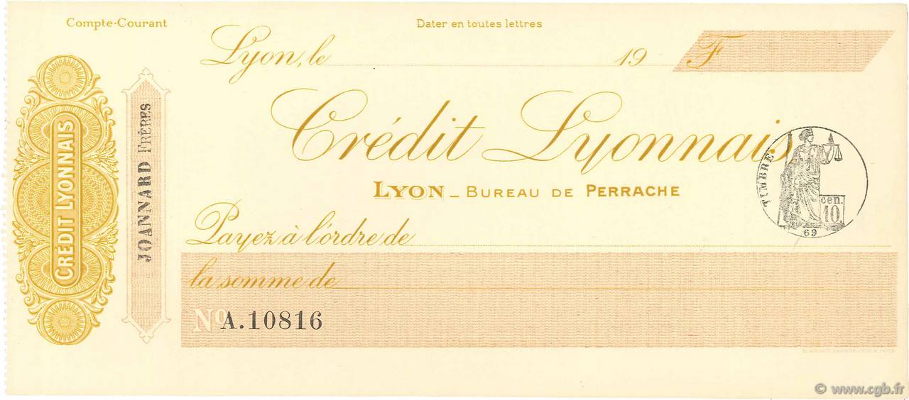 Francs FRANCE regionalism and various Lyon 1900 DOC.Chèque AU