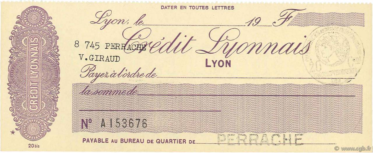 Francs FRANCE regionalismo y varios Lyon 1915 DOC.Chèque FDC