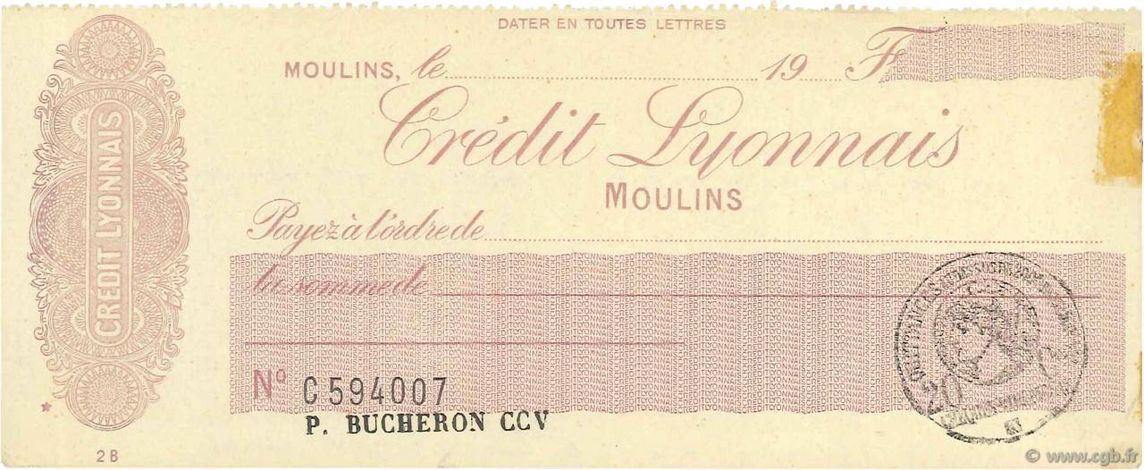 Francs FRANCE regionalismo y varios Moulins 1915 DOC.Chèque EBC