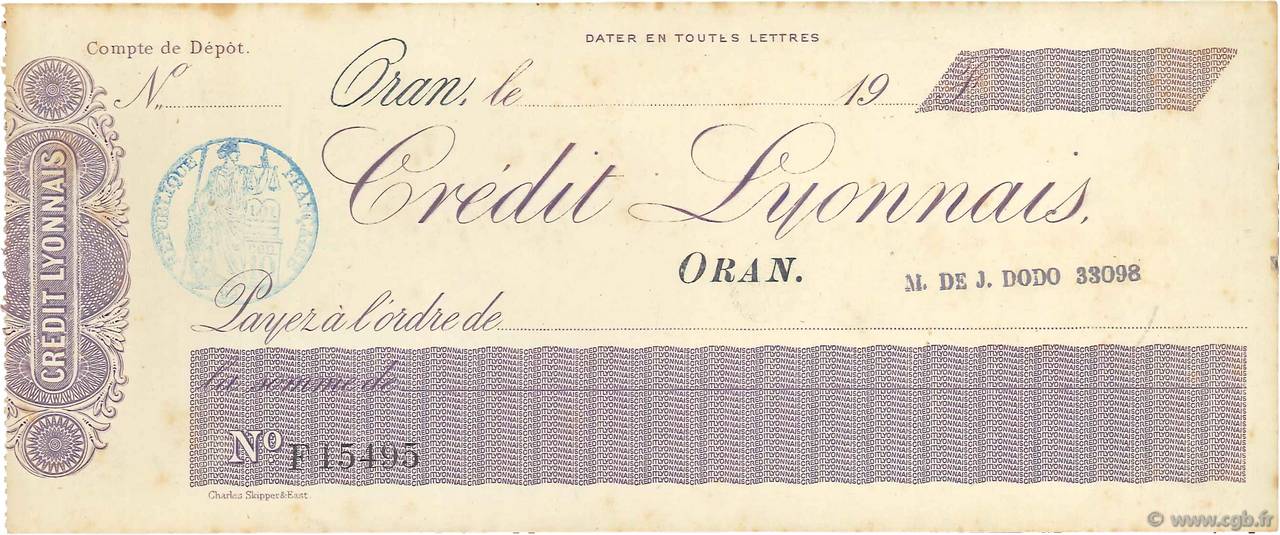 Francs FRANCE Regionalismus und verschiedenen Oran 1900 DOC.Chèque VZ