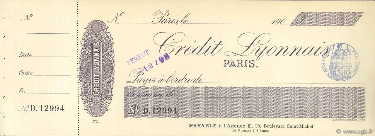 Francs FRANCE regionalism and various Paris 1900 DOC.Chèque XF