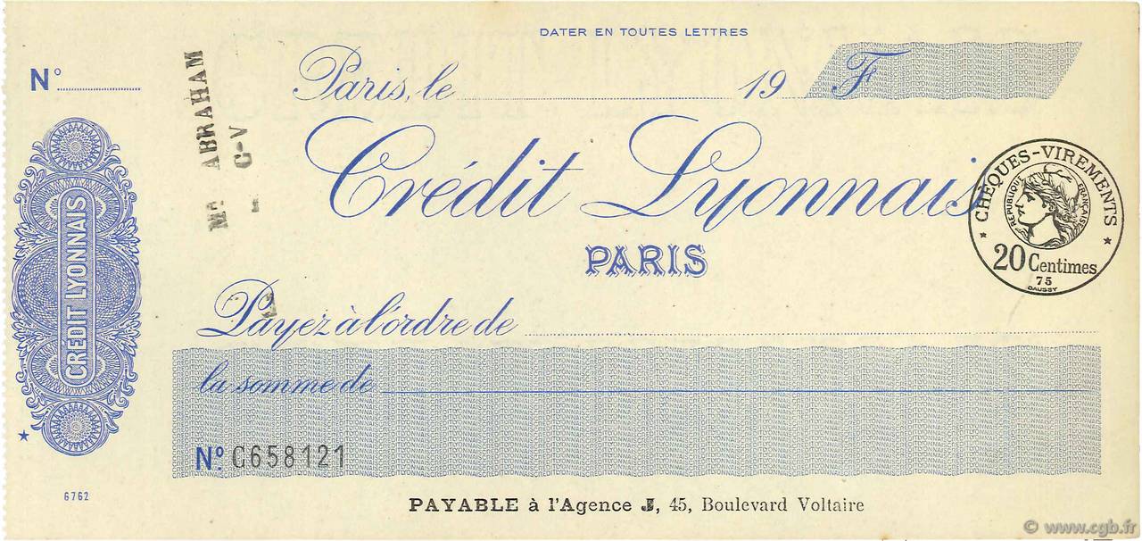 Francs FRANCE regionalism and various Paris 1920 DOC.Chèque XF