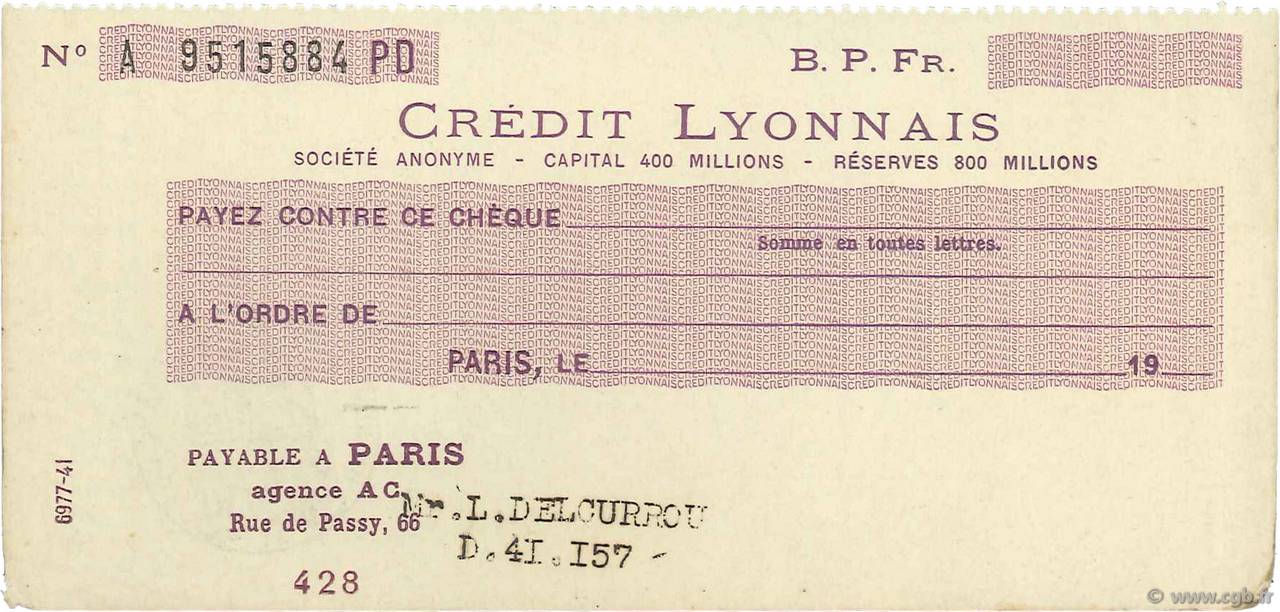 Francs FRANCE regionalismo e varie Paris 1933 DOC.Chèque SPL