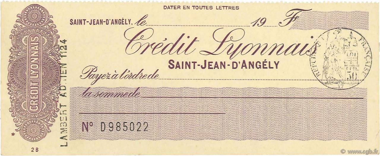 Francs FRANCE regionalismo e varie Saint-Jean-D Angély 1933 DOC.Chèque SPL