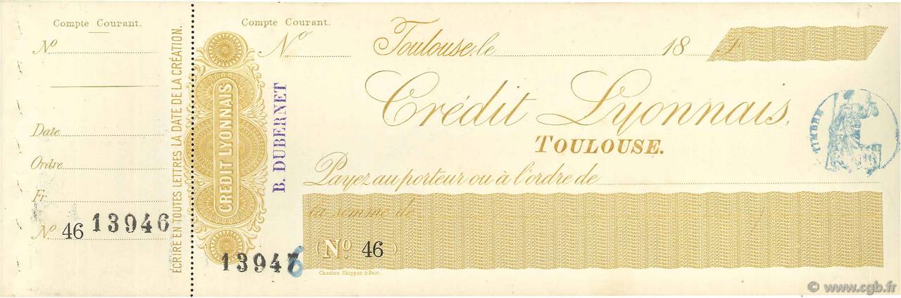 Francs FRANCE regionalism and miscellaneous Toulouse 1871 DOC.Chèque XF