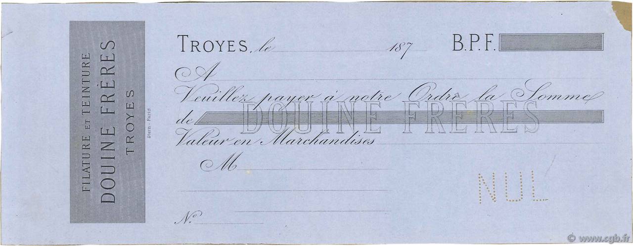 Francs Non émis FRANCE regionalism and miscellaneous Troyes 1870 DOC.Chèque XF