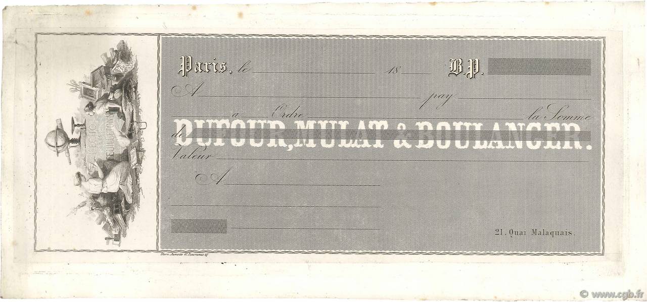 Francs Épreuve FRANCE regionalismo e varie Paris 1860 DOC.Chèque BB