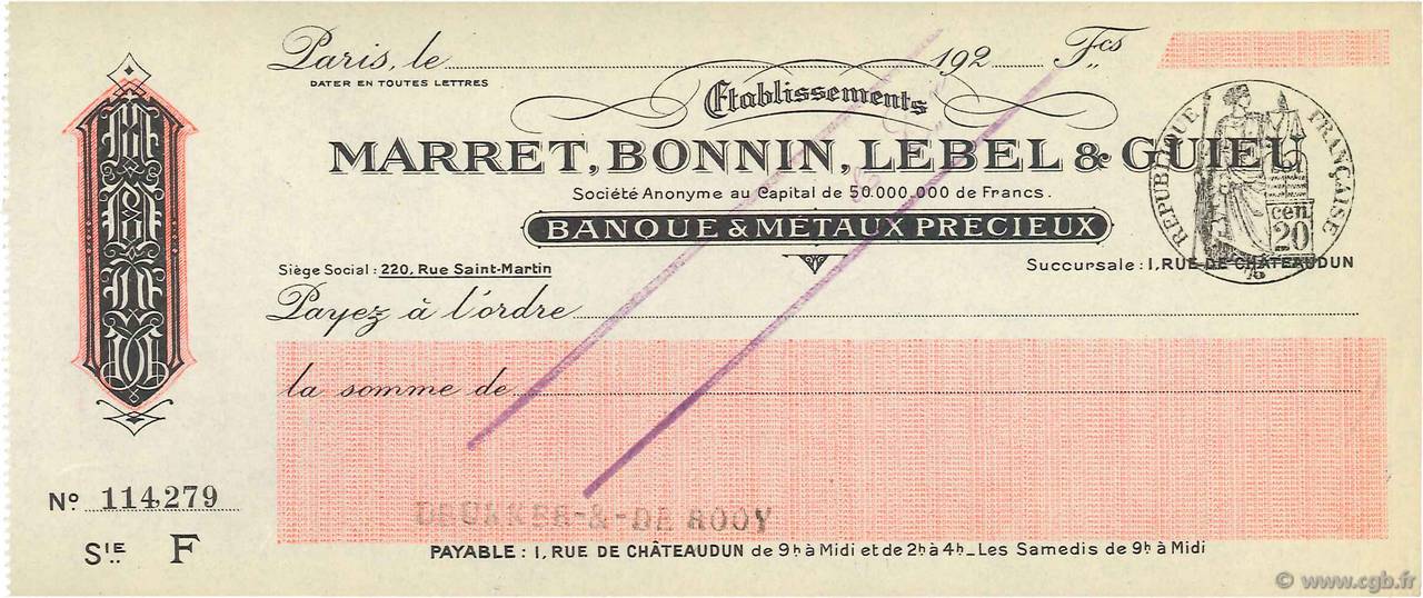 Francs FRANCE regionalismo e varie Paris 1924 DOC.Chèque SPL