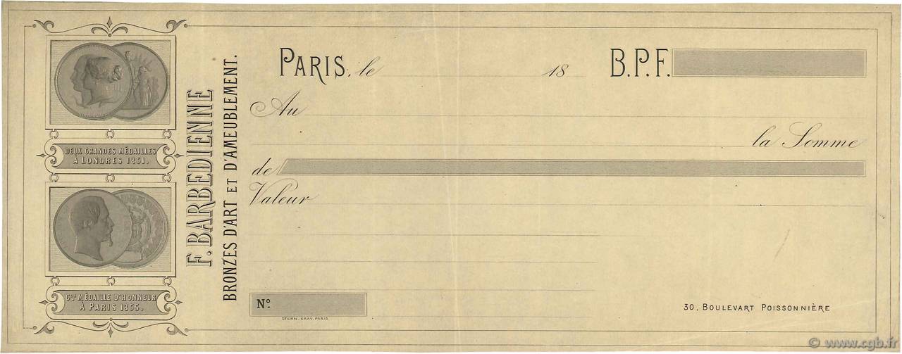 Francs FRANCE regionalism and miscellaneous Paris 1855 DOC.Chèque VF