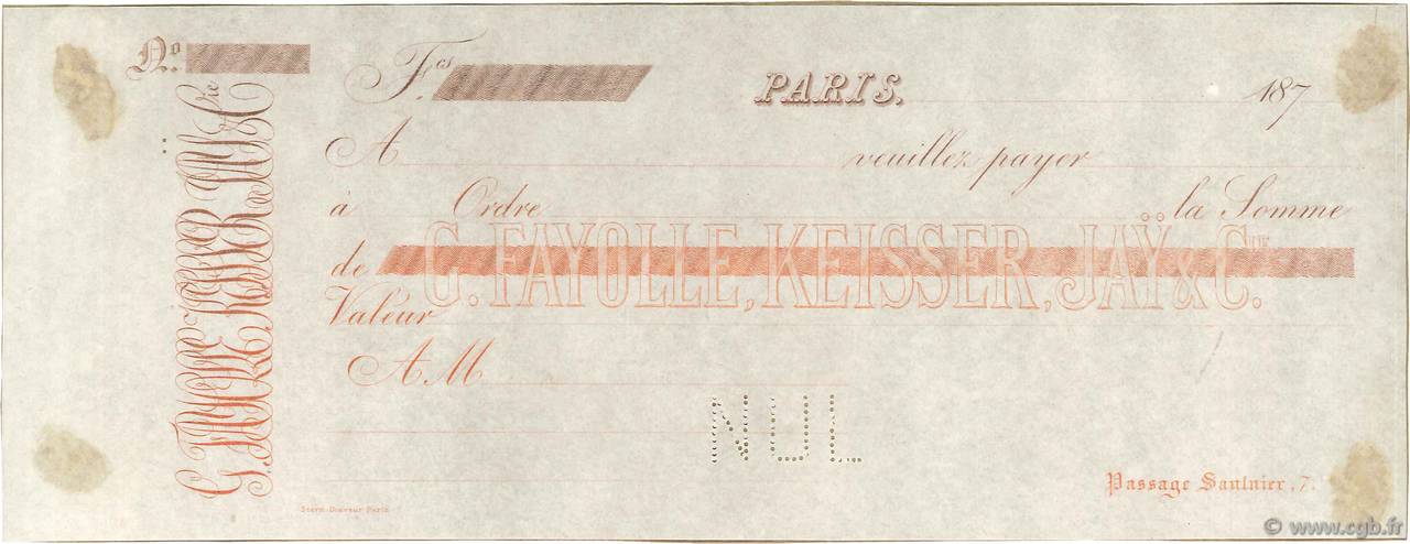 Francs Non émis FRANCE regionalism and various Paris 1870 DOC.Chèque XF