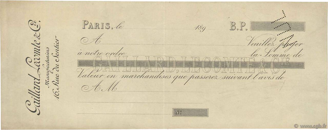 Francs Non émis FRANCE regionalismo e varie Paris 1890 DOC.Chèque BB