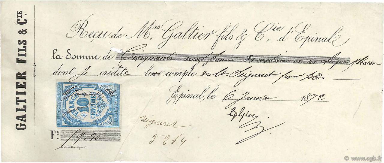59,30 Francs FRANCE regionalism and various Épinal 1872 DOC.Reçu F