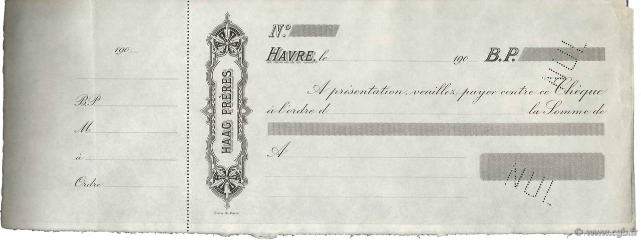 Francs Non émis FRANCE régionalisme et divers Le Havre 1900 DOC.Chèque TTB