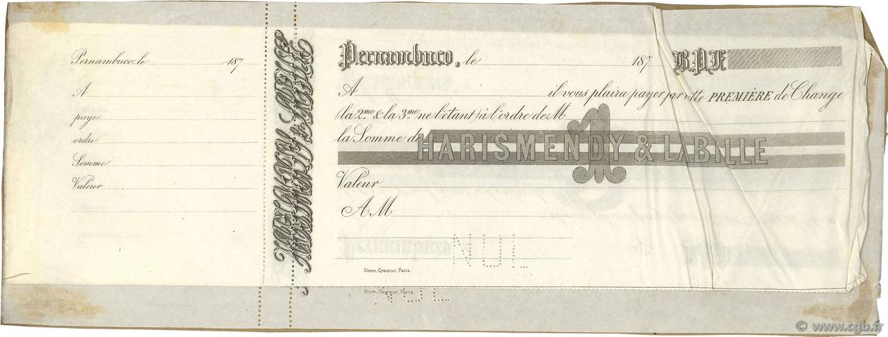 Francs Non émis FRANCE regionalismo e varie Pernambuco (Brésil) 1873 DOC.Lettre MB