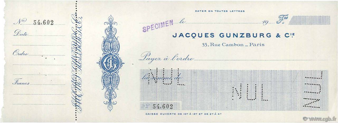 Francs Spécimen FRANCE regionalism and various Paris 1900 DOC.Chèque XF