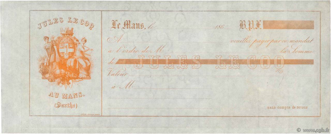Francs Planche FRANCE regionalismo y varios Le Mans 1860 DOC.Mandat EBC