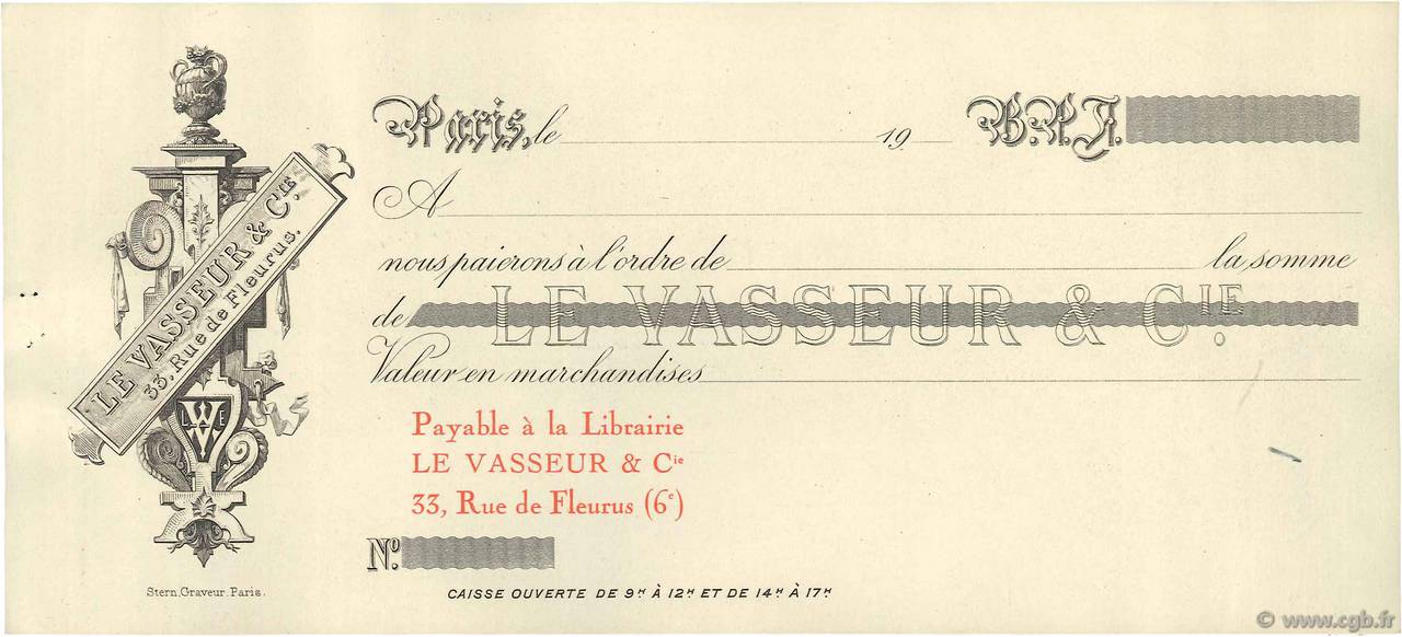 Francs FRANCE regionalismo e varie Paris 1900 DOC.Chèque SPL