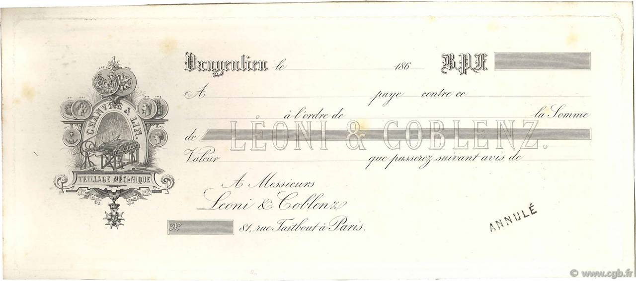 Francs Épreuve FRANCE regionalismo y varios Vaugenlieu 1863 DOC.Chèque MBC