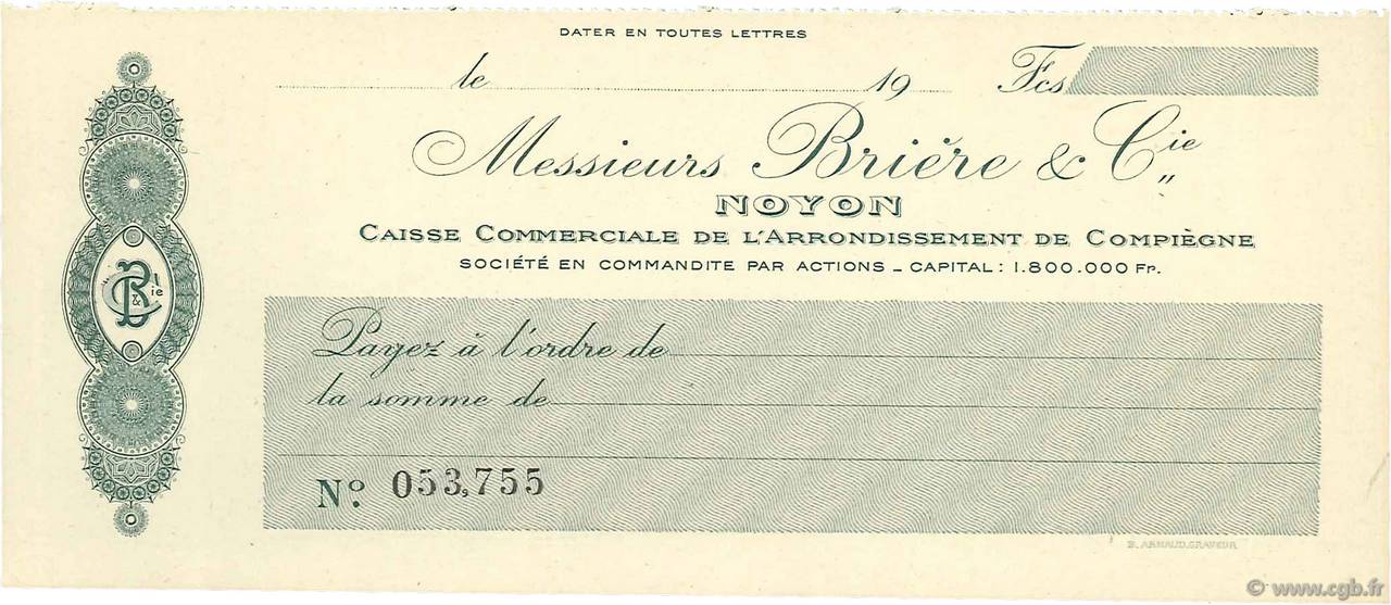 Francs FRANCE regionalism and various Noyon 1910 DOC.Chèque AU