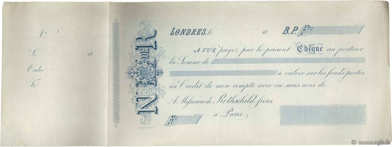 Francs FRANCE regionalism and various Londres 1865 DOC.Chèque VF