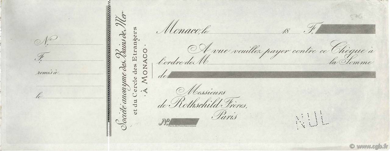 Francs Non émis FRANCE regionalism and miscellaneous Monaco 1865 DOC.Chèque VF
