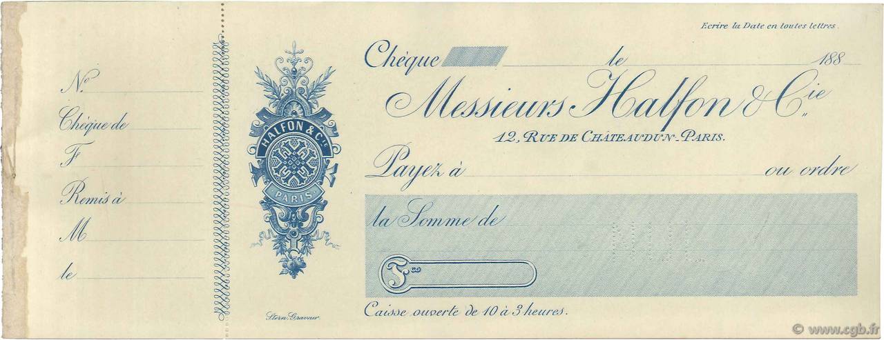 Francs Non émis FRANCE regionalismo y varios Paris 1880 DOC.Chèque EBC