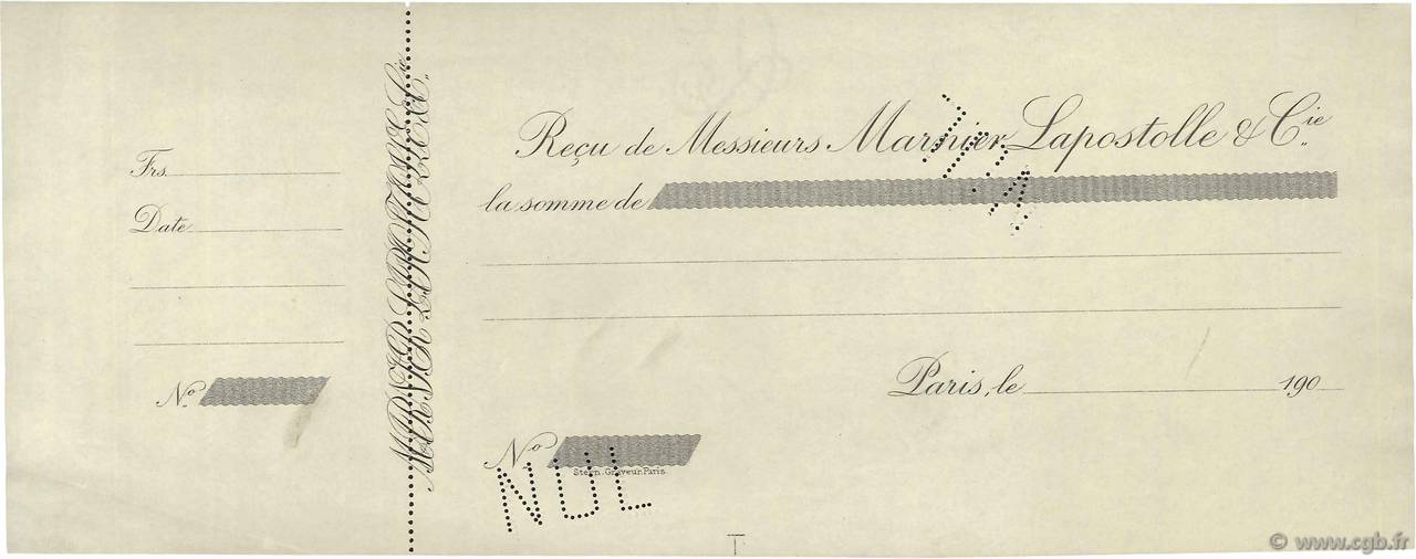 Francs Non émis FRANCE regionalism and various Paris 1900 DOC.Reçu XF