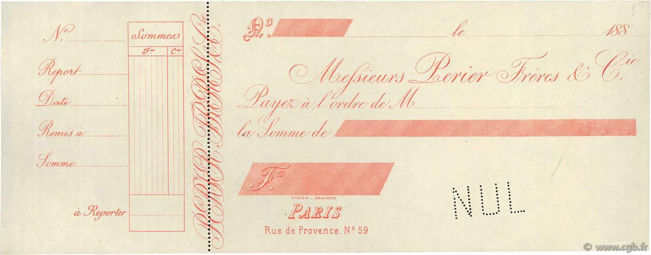 Francs Non émis FRANCE regionalism and miscellaneous Paris 1880 DOC.Chèque XF