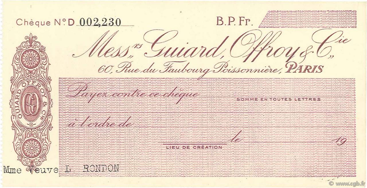 Francs FRANCE Regionalismus und verschiedenen Paris 1933 DOC.Chèque fST