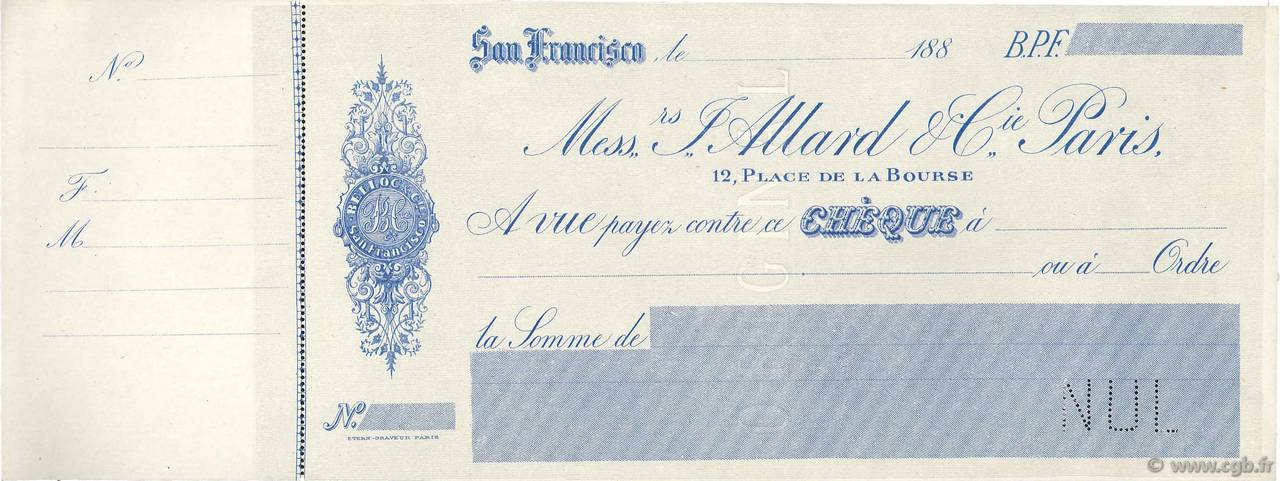 Francs Non émis FRANCE Regionalismus und verschiedenen San Francisco 1880 DOC.Chèque VZ