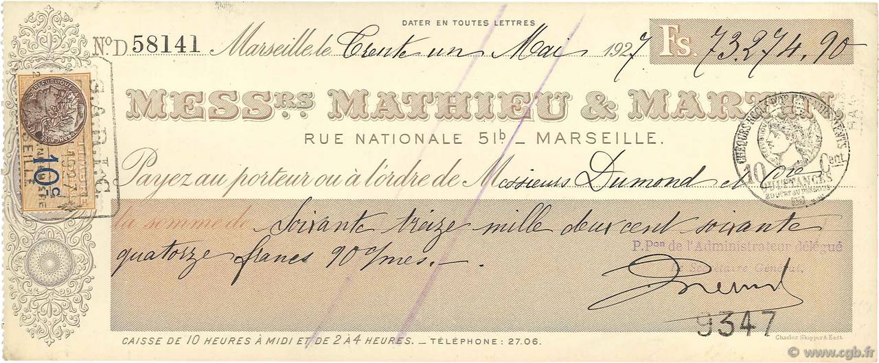 73274,90 Francs FRANCE Regionalismus und verschiedenen Marseille 1927 DOC.Chèque VZ