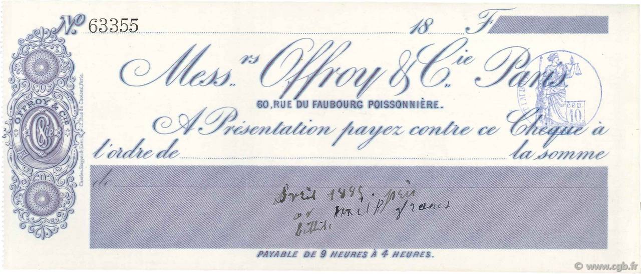 Francs FRANCE regionalismo y varios Paris 1885 DOC.Chèque SC