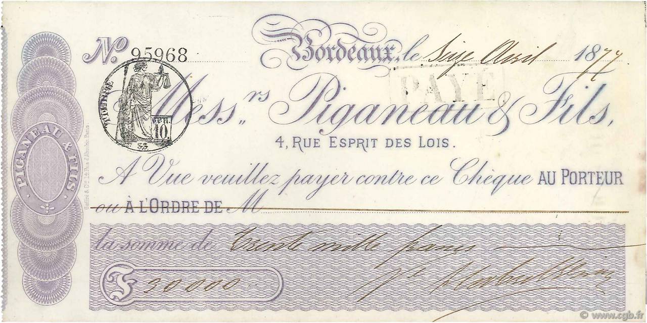 30000 Francs FRANCE regionalismo y varios Bordeaux 1877 DOC.Chèque EBC
