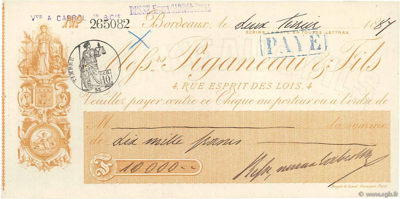 10000 Francs FRANCE regionalismo y varios Bordeaux 1887 DOC.Chèque SC