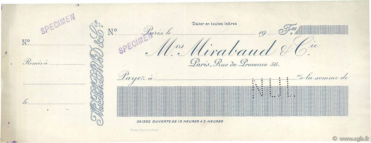 Francs Spécimen FRANCE regionalismo e varie Paris 1907 DOC.Chèque SPL