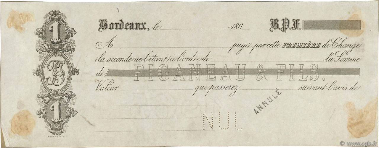 Francs Annulé FRANCE régionalisme et divers Bordeaux 1865 DOC.Lettre TTB