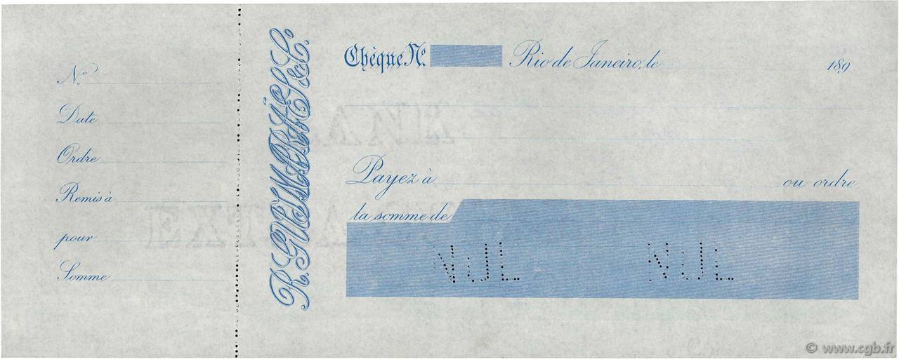 (Francs) Non émis FRANCE regionalism and various Rio De Janeiro 1890 DOC.Chèque XF