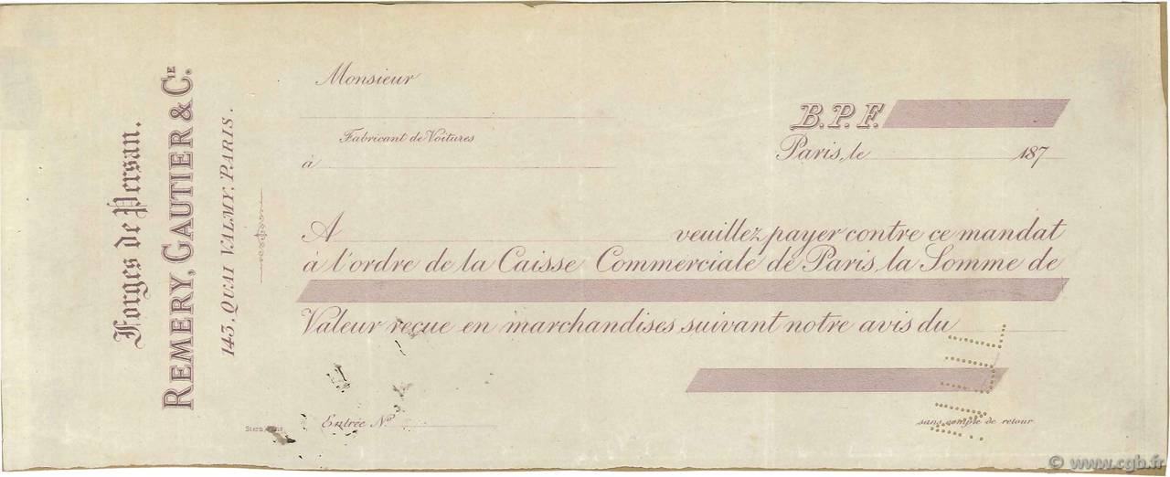 Francs Non émis FRANCE regionalism and miscellaneous Paris 1870 DOC.Mandat VF