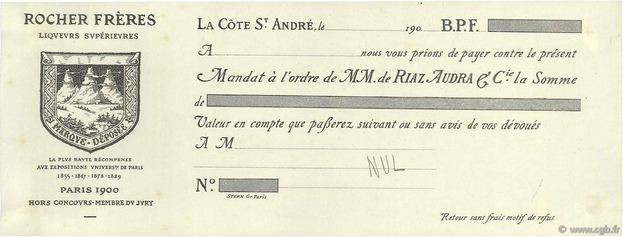 Francs Non émis FRANCE regionalismo y varios La Côte St André 1900 DOC.Mandat EBC