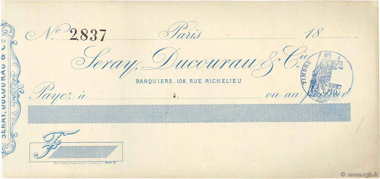 Francs FRANCE Regionalismus und verschiedenen Paris 1871 DOC.Chèque VZ
