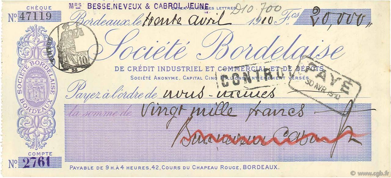 20000 Francs FRANCE regionalism and miscellaneous Bordeaux 1910 DOC.Chèque XF