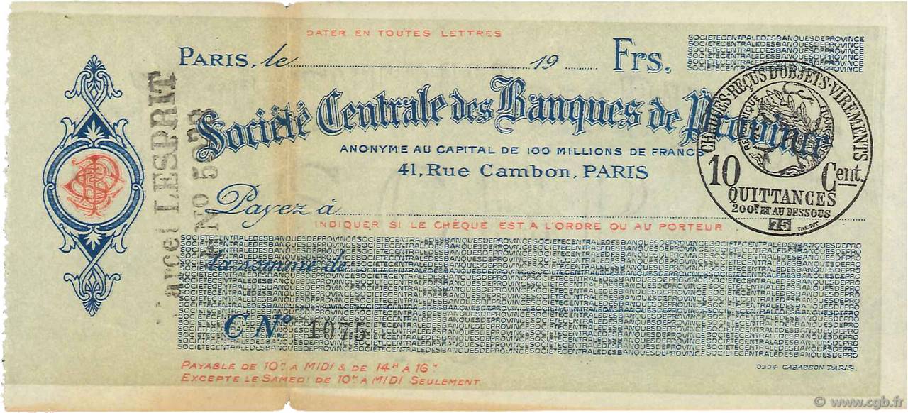 Francs FRANCE Regionalismus und verschiedenen Paris 1915 DOC.Chèque SS