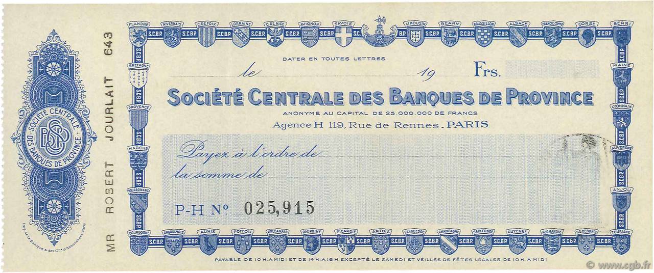 Francs FRANCE Regionalismus und verschiedenen Paris 1932 DOC.Chèque VZ