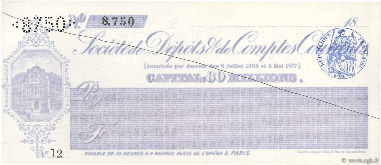 Francs FRANCE Regionalismus und verschiedenen Paris 1874 DOC.Chèque fST