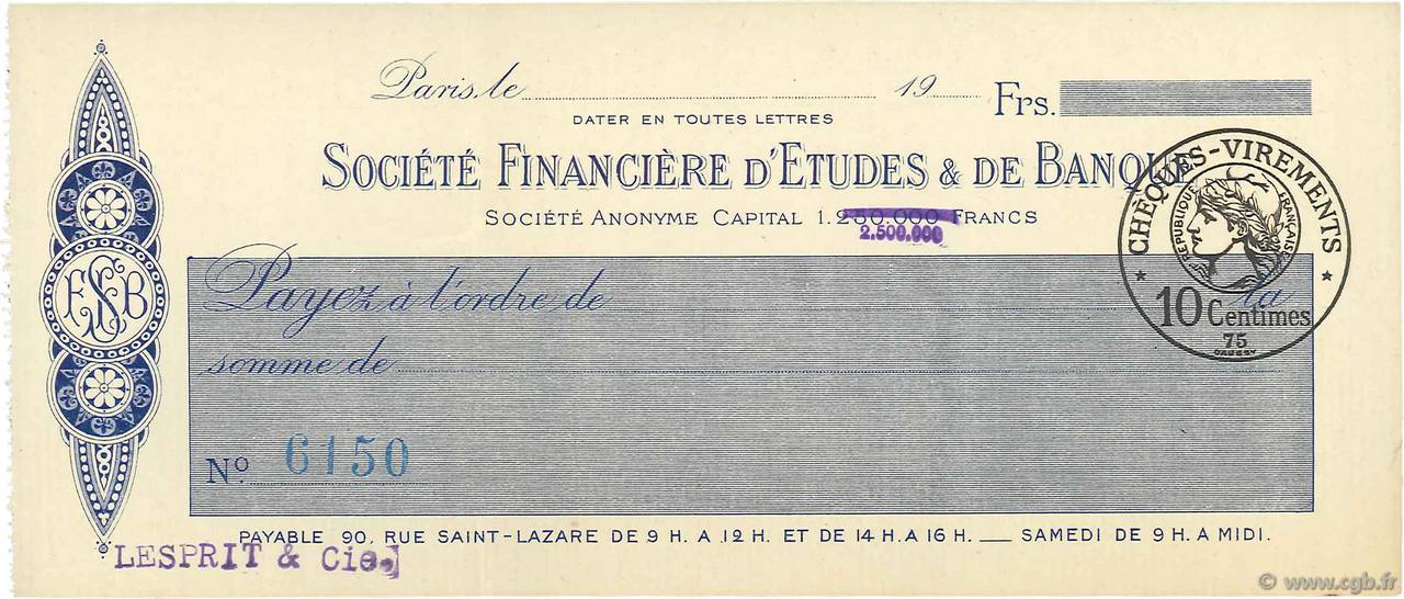 Francs FRANCE regionalism and miscellaneous Paris 1920 DOC.Chèque XF