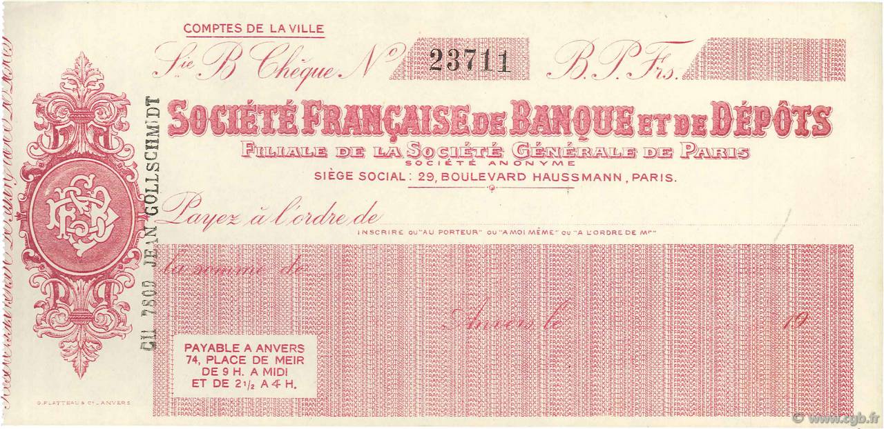 Francs FRANCE regionalism and miscellaneous Paris 1910 DOC.Chèque XF