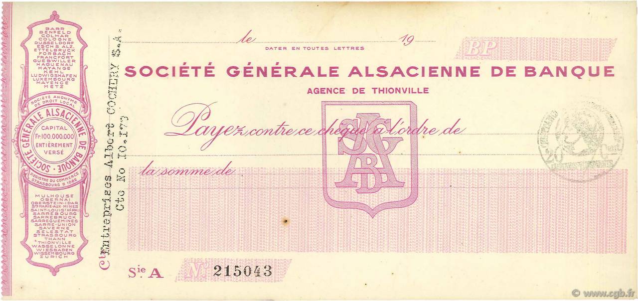 Francs FRANCE Regionalismus und verschiedenen Thionville 1915 DOC.Chèque VZ