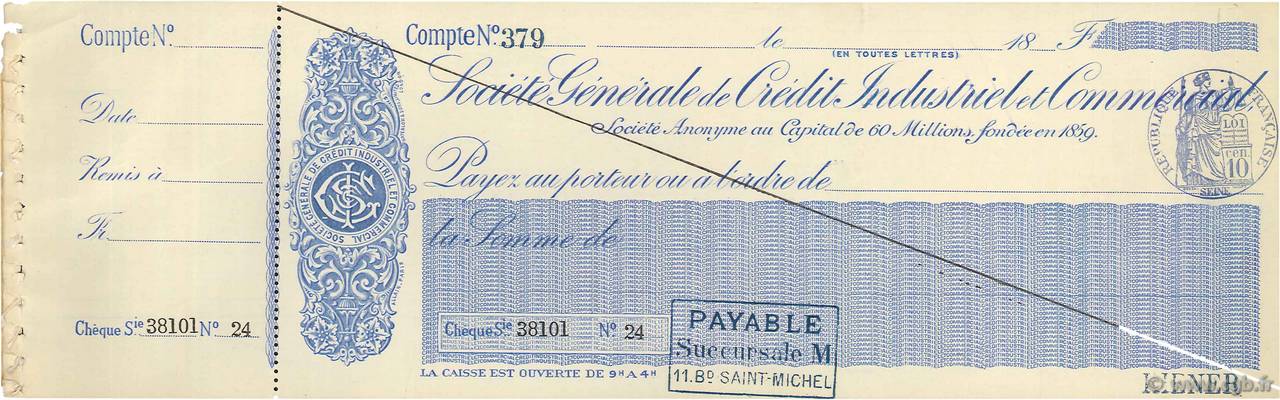 Francs FRANCE Regionalismus und verschiedenen Paris 1874 DOC.Chèque VZ