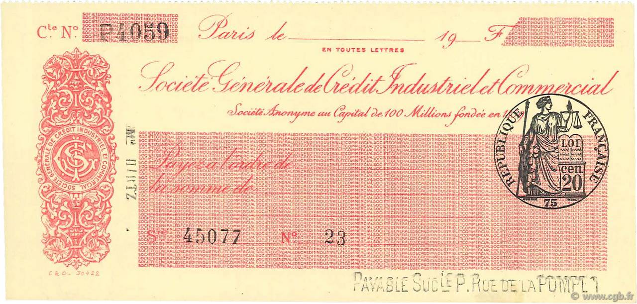 Francs FRANCE Regionalismus und verschiedenen Paris 1924 DOC.Chèque VZ