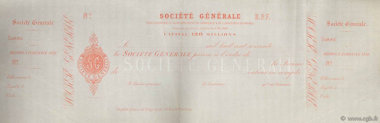 Francs FRANCE regionalism and miscellaneous Paris 1864 DOC.Chèque VF